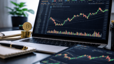 Technical analysis for crypto investors: Bitcoin candlestick chart on a laptop with volume and trend structure.