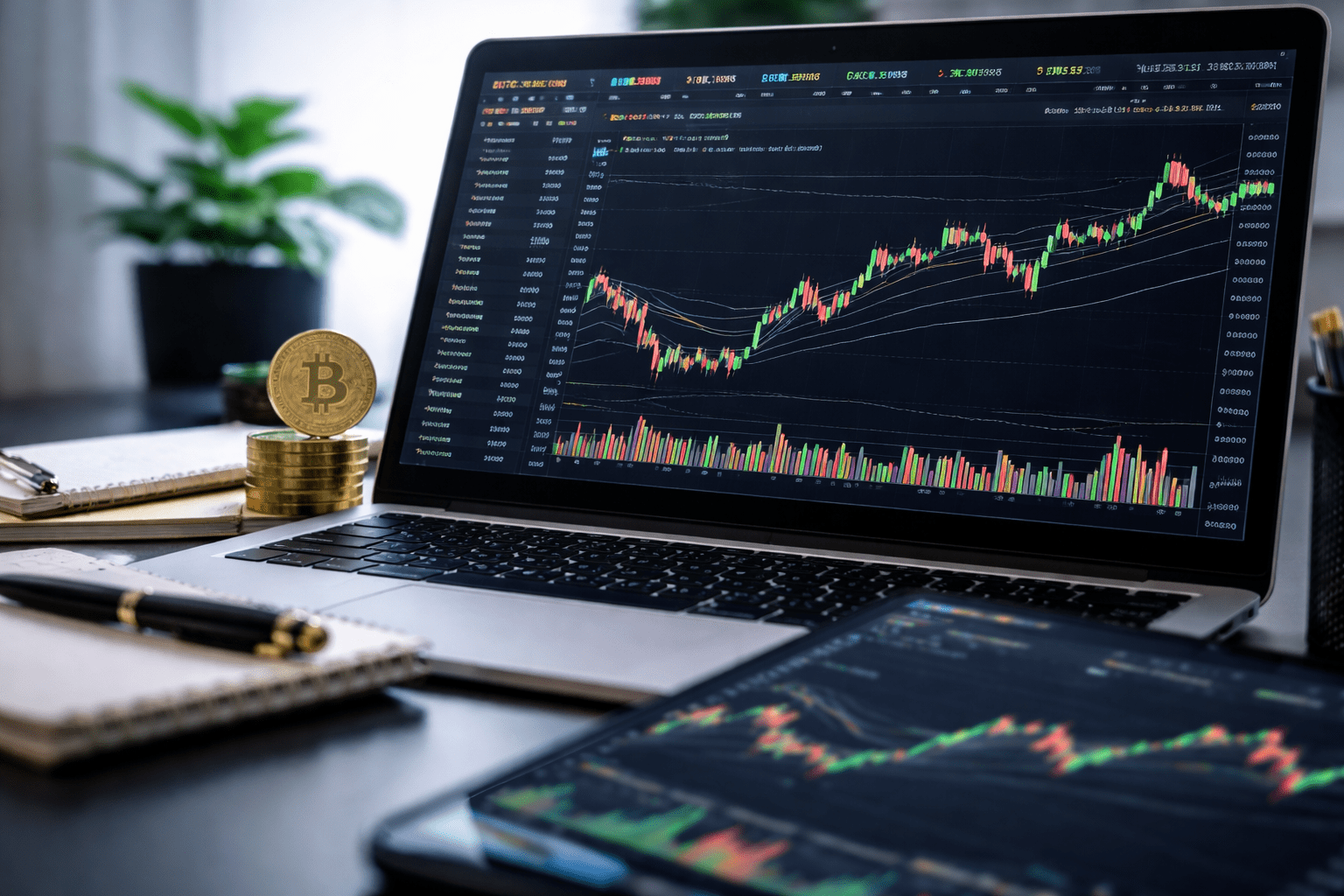 Technical analysis for crypto investors: Bitcoin candlestick chart on a laptop with volume and trend structure.