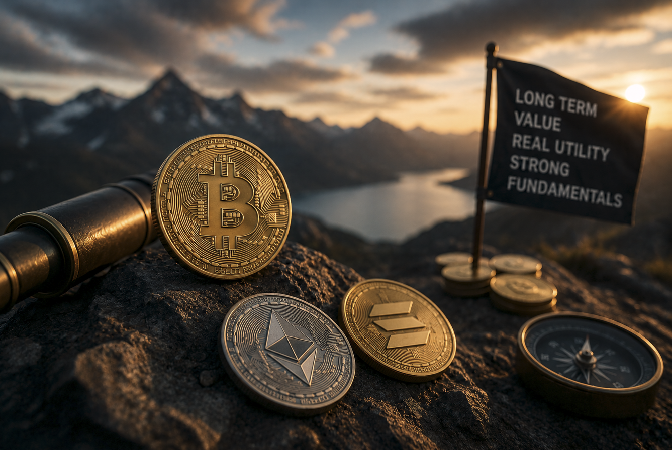 fundamental analysis in crypto concept with bitcoin and ethereum coins representing long term value and project evaluation