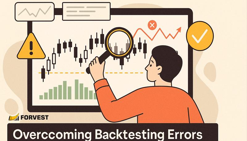 Backtesting bias traps illustration — comparing a perfect curve with a realistic equity line, showing look-ahead and survivorship bias visually.