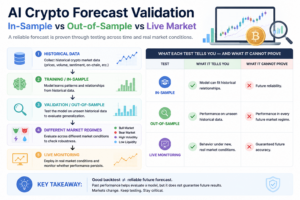 AI crypto forecast validation comparing in-sample, out-of-sample testing, market regimes, and live monitoring