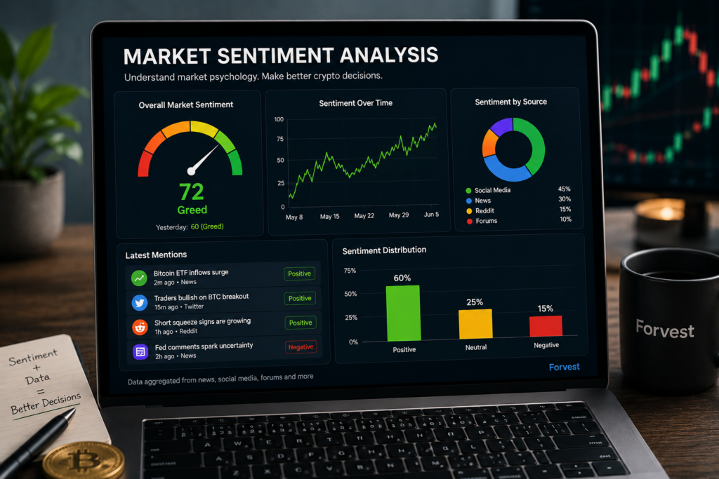 A crypto market sentiment analysis dashboard displaying investor psychology, fear and greed indicators, news sentiment, social sentiment, and trend data used in cryptocurrency market research.