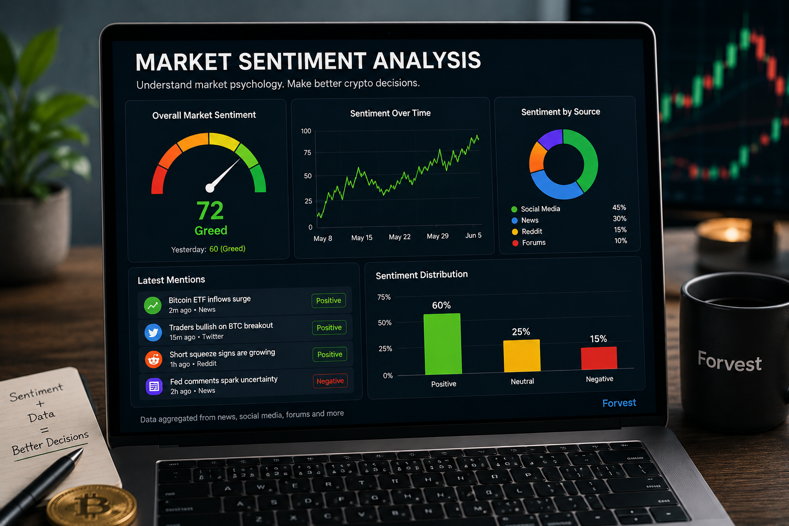 A crypto market sentiment analysis dashboard displaying investor psychology, fear and greed indicators, news sentiment, social sentiment, and trend data used in cryptocurrency market research.