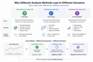 How fundamental analysis, technical analysis, and quantitative analysis produce different investment decisions using the same market data