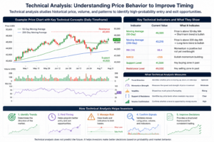 Technical analysis chart showing RSI, MACD, moving averages, support and resistance levels, trading volume, and market trend indicators