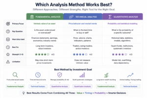Comparison chart showing fundamental analysis, technical analysis, and quantitative analysis by investment goal, time horizon, strengths, limitations, and decision-making purpose