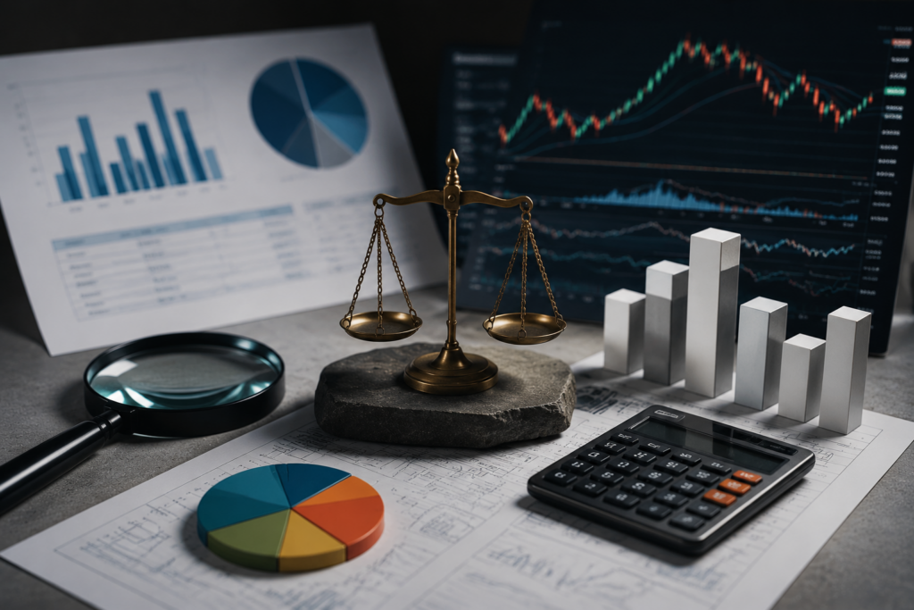 Financial analysis concept showing market charts, valuation data, and statistical research tools used in fundamental, technical, and quantitative analysis
