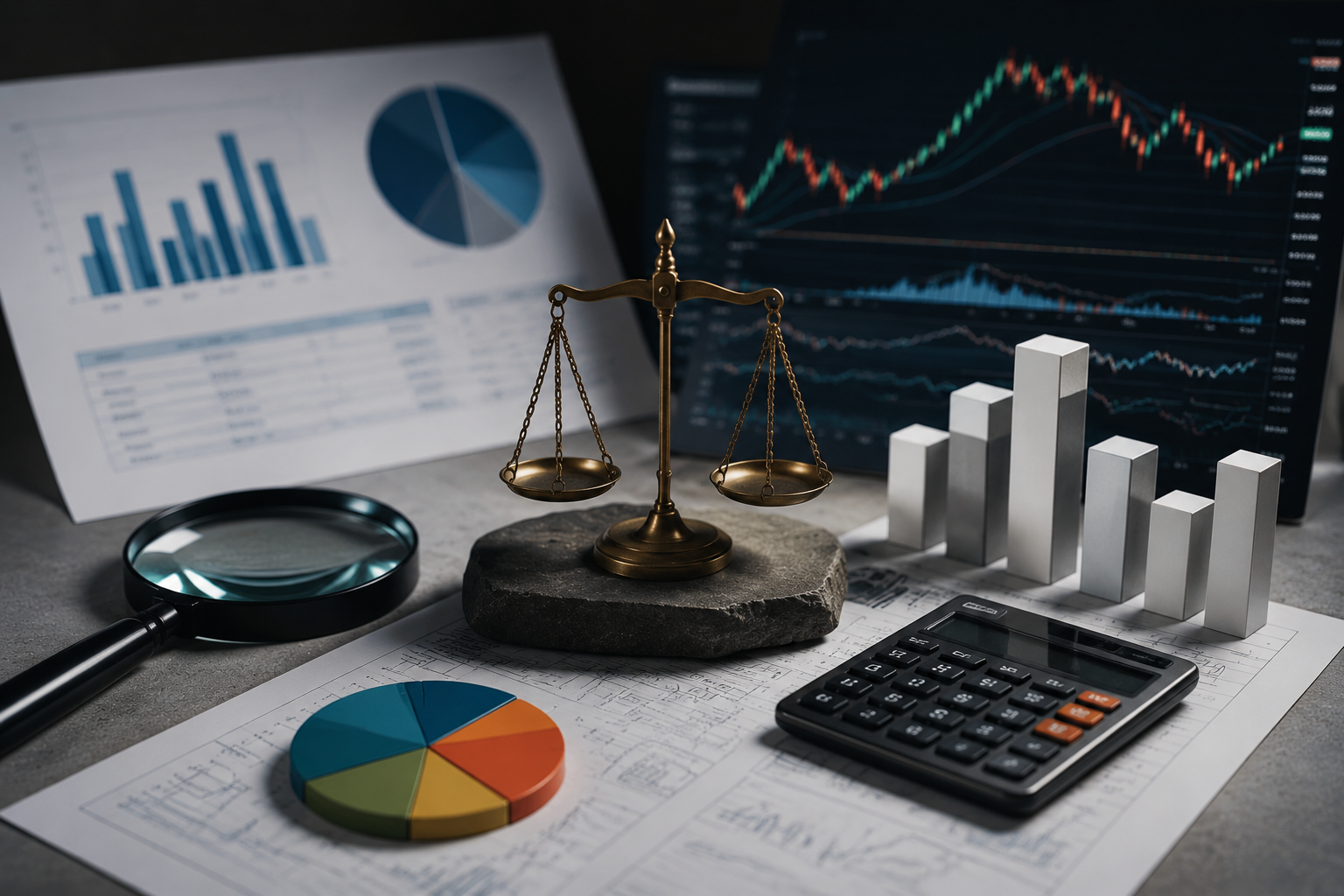 Financial analysis concept showing market charts, valuation data, and statistical research tools used in fundamental, technical, and quantitative analysis