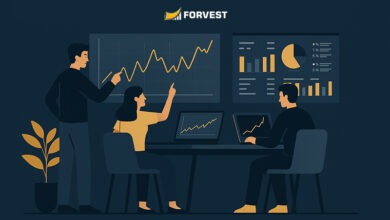 Crypto analysts reviewing backtesting charts and performance metrics on multiple monitors in a professional fintech office, symbolizing analysis of backtesting mistakes.