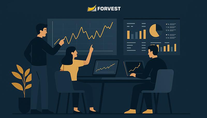 Crypto analysts reviewing backtesting charts and performance metrics on multiple monitors in a professional fintech office, symbolizing analysis of backtesting mistakes.