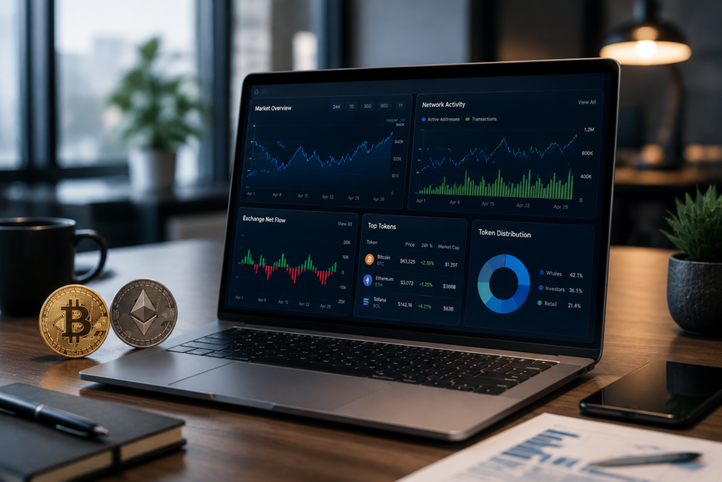 Cryptocurrency analytics dashboard displaying blockchain data, market metrics, exchange flows, tokenomics indicators, and network activity used for crypto investment research and risk analysis.