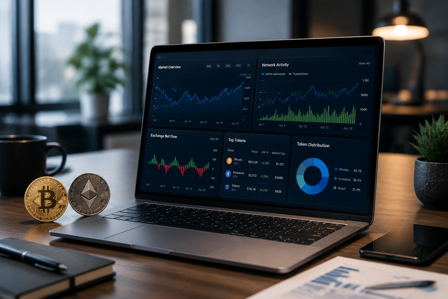 Cryptocurrency analytics dashboard displaying blockchain data, market metrics, exchange flows, tokenomics indicators, and network activity used for crypto investment research and risk analysis.