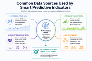 Infographic showing the common data sources used by Smart Predictive Indicators, including historical price data, trading volume, market sentiment, on-chain data, and AI-powered predictive analytics for cryptocurrency markets.