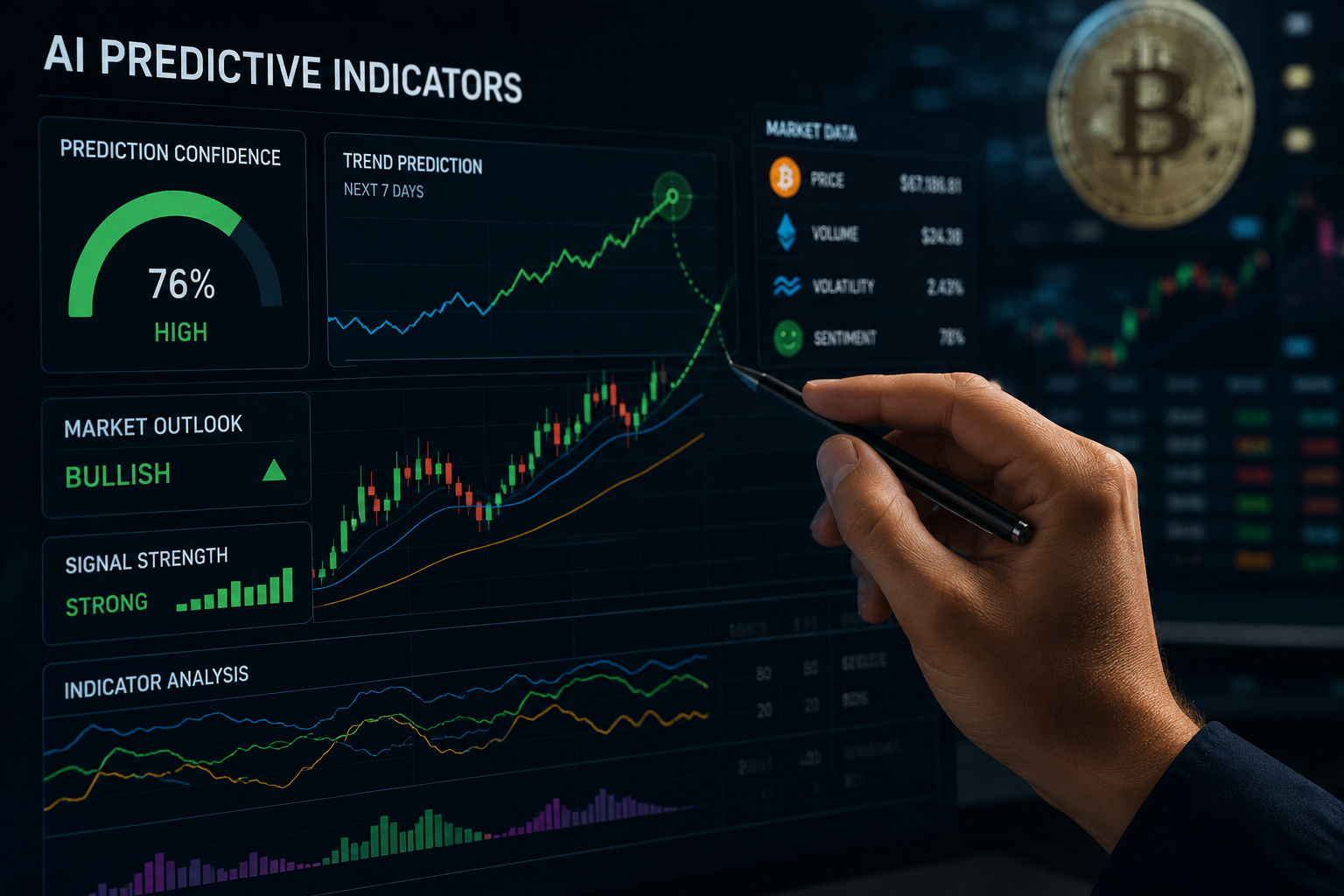 AI-powered smart predictive indicators dashboard displaying cryptocurrency charts, predictive analytics, machine learning insights, market sentiment, trend forecasting, and trading signals.