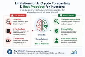 Infographic illustrating the key limitations of AI crypto forecasting and best practices, including human validation, risk management, and multi-source analysis for more reliable cryptocurrency predictions.