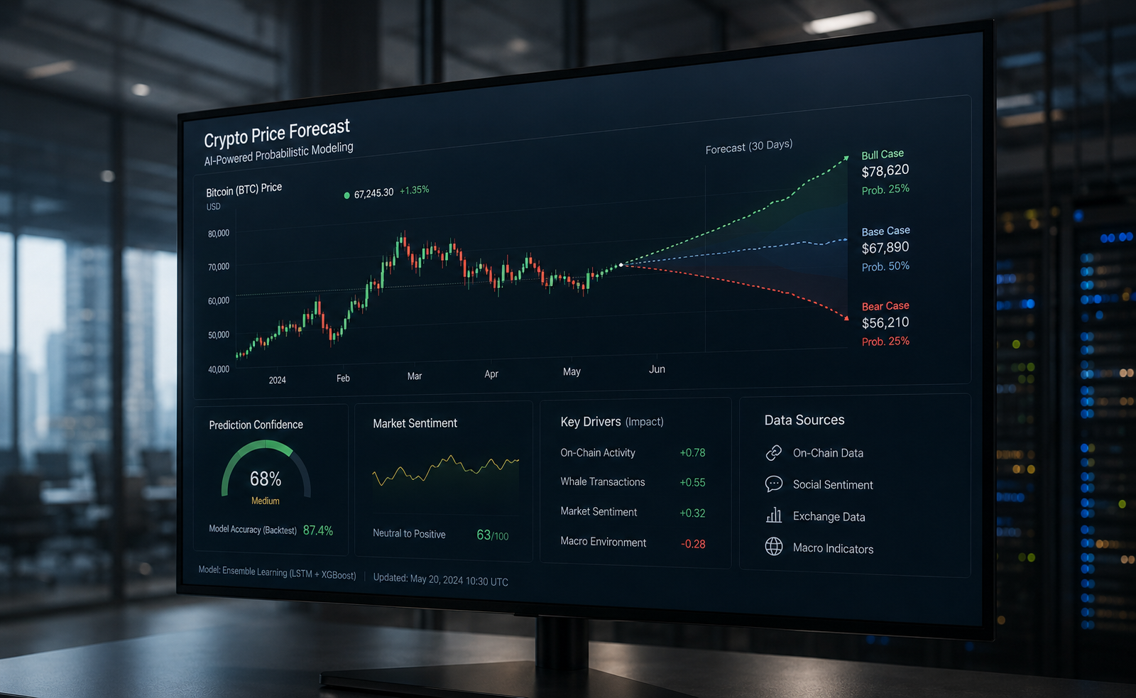 AI-powered cryptocurrency forecasting dashboard analyzing Bitcoin price trends, market sentiment, and probabilistic scenarios using historical data and predictive models.