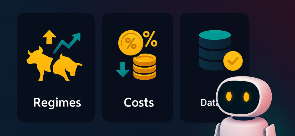 Crypto backtesting pillars — data quality, trading costs, and market regimes, illustrated with icons