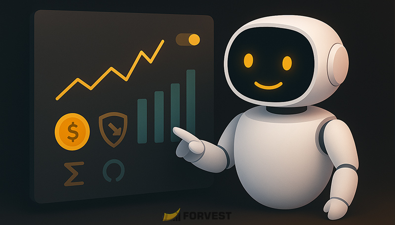 AI assistant reviewing crypto portfolio backtest: costs, drawdowns, Sharpe, and regime signals (no text in image).