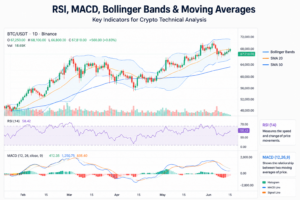Crypto technical analysis chart displaying RSI, MACD, Bollinger Bands, moving averages, candlestick patterns, and volume indicators for Bitcoin price analysis.