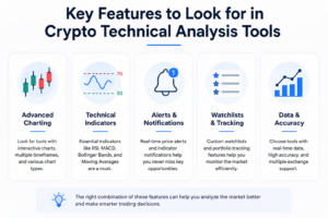 Infographic showing key features of the best technical analysis tools for cryptocurrency, including candlestick charts, RSI, MACD, price alerts, watchlists, and real-time market data.