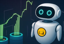 Fortuna AI robot analyzing holographic crypto investment charts in a futuristic data environment.