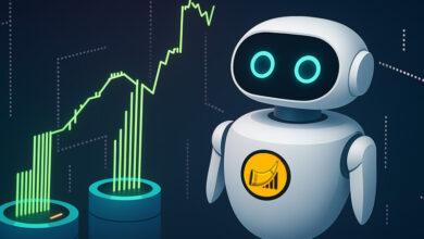 Fortuna AI robot analyzing holographic crypto investment charts in a futuristic data environment.