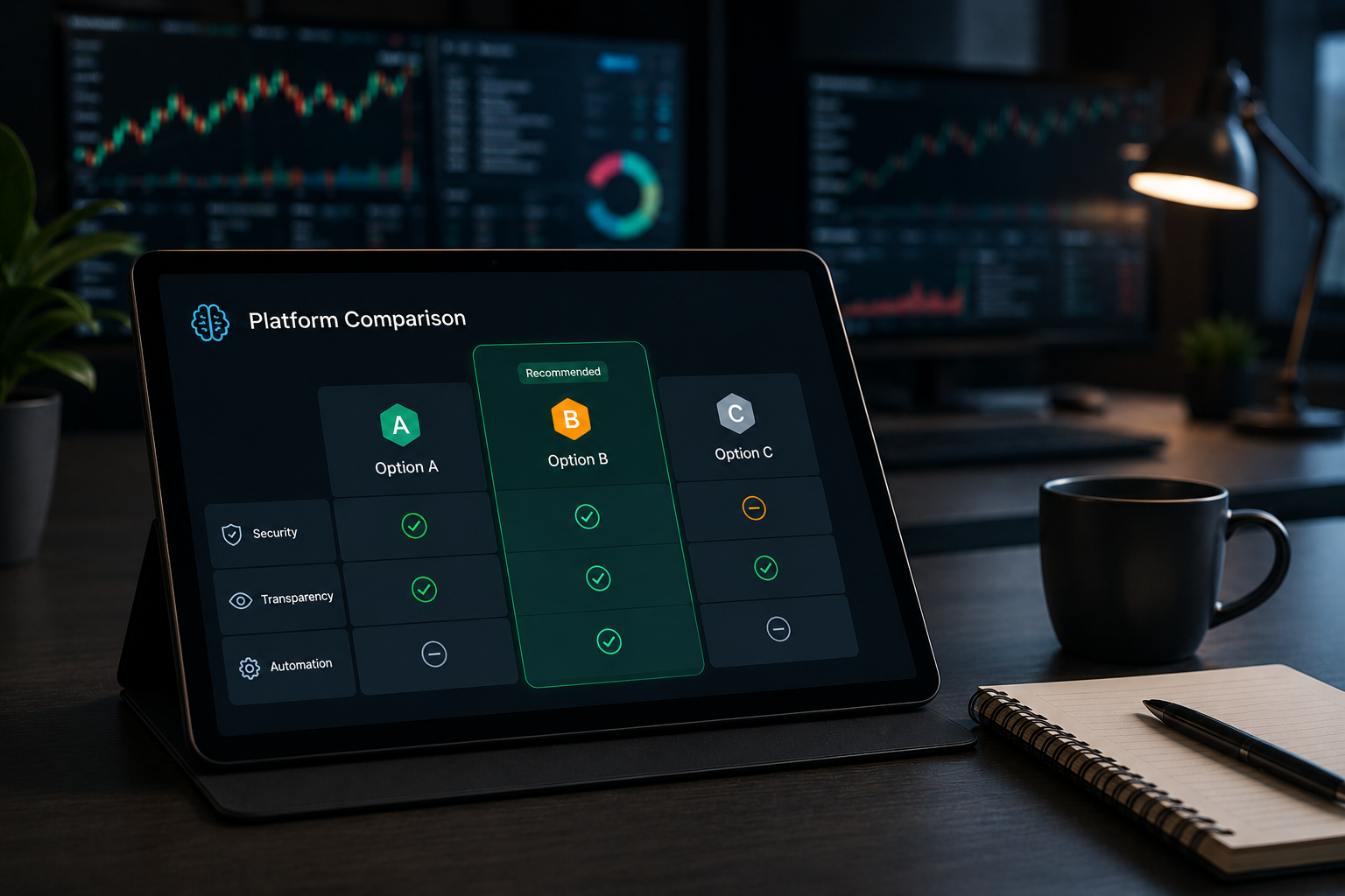 Comparison dashboard for evaluating AI crypto trading platforms based on security, transparency, automation, and research features