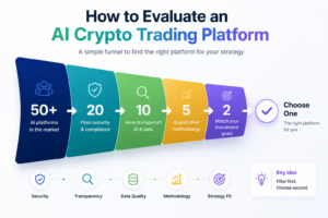Infographic showing a funnel for evaluating AI crypto trading platforms based on security, transparency, data quality, methodology, and investment goals