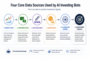Infographic showing how AI investing bots process market data, sentiment data, on-chain metrics, and macroeconomic indicators through an AI analysis engine to generate investment signals.