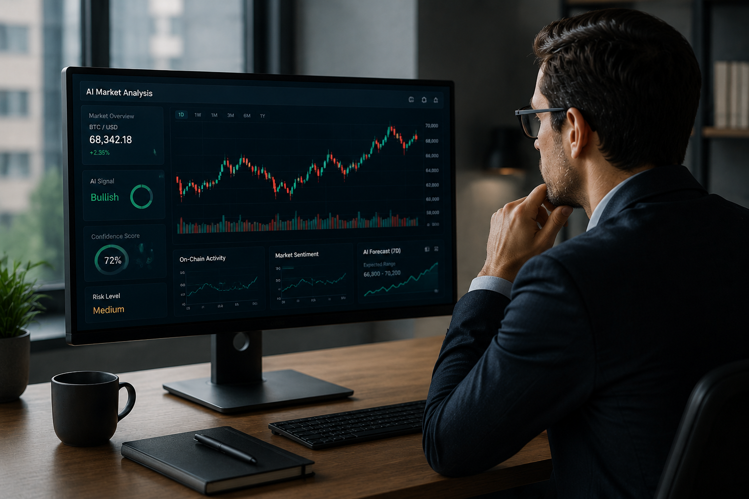 Financial analyst reviewing AI-powered investment insights and market data dashboard while evaluating trading signals, risk factors, and human decision-making in modern investing.