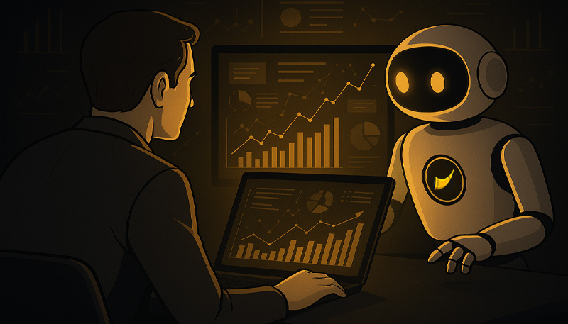 Human investor and AI robot collaborating on crypto portfolio analysis in a futuristic workspace, symbolizing trust and intelligence.
