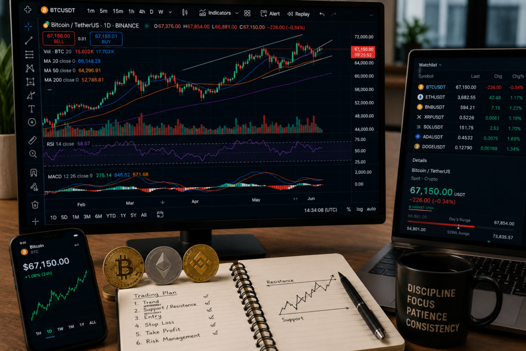 Cryptocurrency technical analysis dashboard displaying candlestick charts, RSI, MACD, price trends, and market indicators for crypto trading