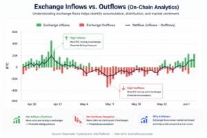Exchange inflows and outflows chart illustrating on-chain analytics, blockchain data trends, and cryptocurrency market activity