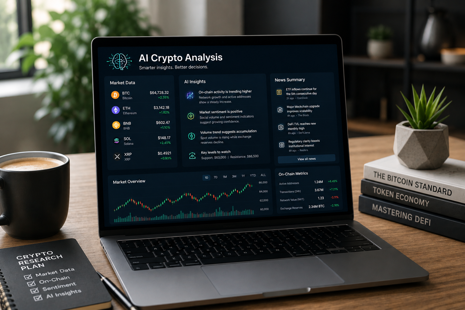 AI-powered cryptocurrency analysis dashboard displaying market data, blockchain metrics, and research insights on a modern laptop workspace.