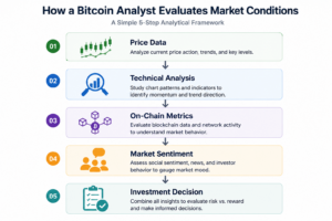 Flowchart showing how a Bitcoin Analyst evaluates market conditions by combining price data, technical analysis, on-chain metrics, market sentiment, and investment decision-making for Bitcoin research.