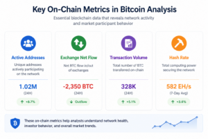 Infographic showing key on-chain metrics in Bitcoin analysis, including active addresses, exchange net flow, transaction volume, and hash rate used by a Bitcoin Analyst to evaluate blockchain activity and market trends.