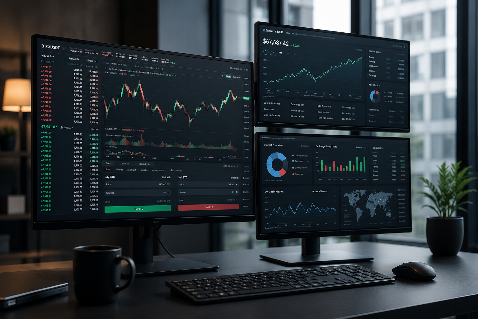 Professional cryptocurrency analytics dashboard displaying market charts, on-chain metrics, exchange flows, and blockchain data for crypto analysis
