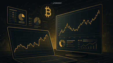 Futuristic trading dashboard visualizing crypto investment backtesting — dynamic gold analytics lines, charts, and performance metrics on a dark background.