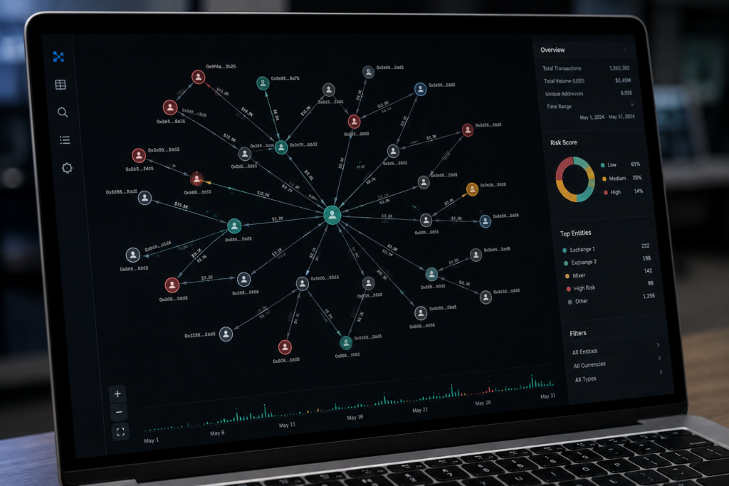 Blockchain analysis dashboard showing wallet connections, transaction flows, network activity, risk scoring, and blockchain data relationships across a crypto ecosystem