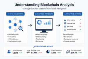 Blockchain analysis workflow showing transaction data collection, wallet clustering, exchange flow analysis, whale tracking, risk scoring, and key cryptocurrency network metrics