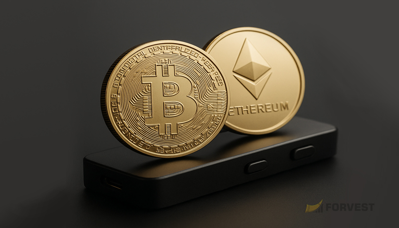 Physical Bitcoin and Ethereum coins on a hardware wallet