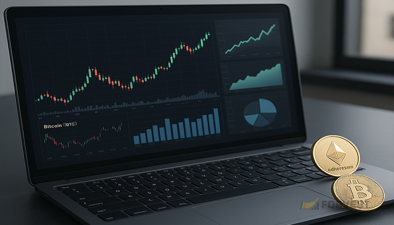 Laptop with cryptocurrency charts and Bitcoin Ethereum coins on desk