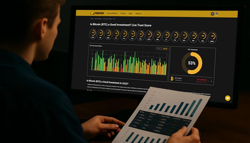 A professional crypto investor analyzing data dashboards with the Forvest Trust Score interface visible on one screen, showing Bitcoin’s market performance and metrics.
