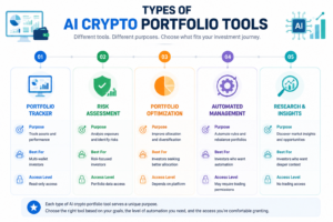 Types of AI crypto portfolio management tools including portfolio trackers, risk assessment, optimization, automation, and research platforms