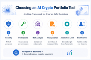 AI crypto portfolio management tool selection framework showing key factors including security, permissions, risk analysis, transparency, automation level, and user control.