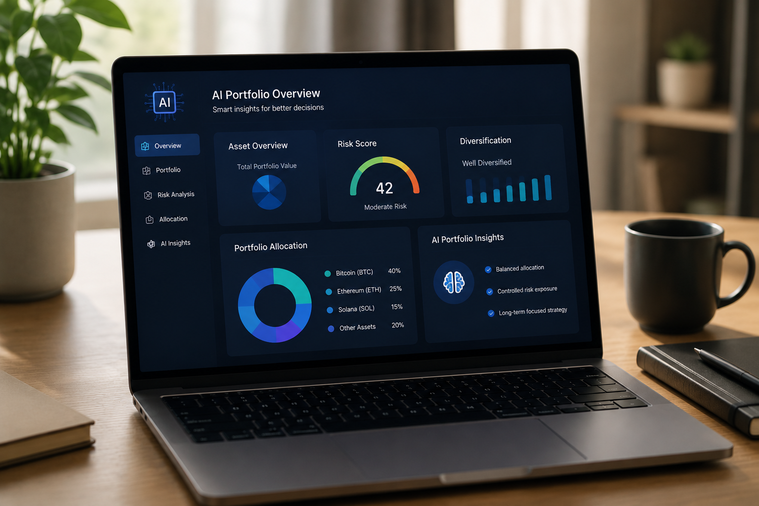 AI crypto portfolio management tools dashboard showing portfolio analysis, risk assessment, asset allocation, diversification, and AI insights for digital asset management.