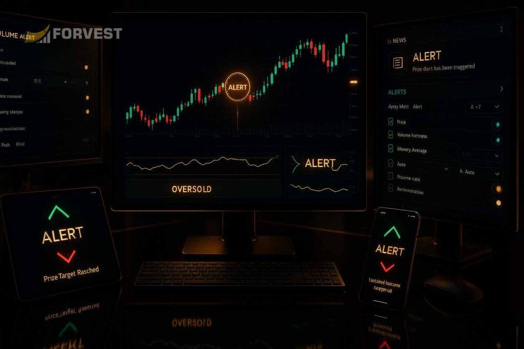 Trading alerts displayed across multiple platforms including desktop, tablet, and mobile