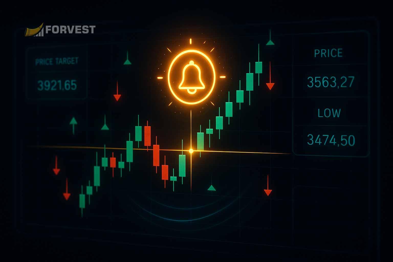 Crypto price alert notification on trading chart interface
