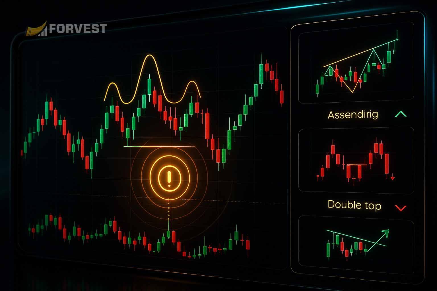 Trading pattern alerts showing double top and ascending trend breakout