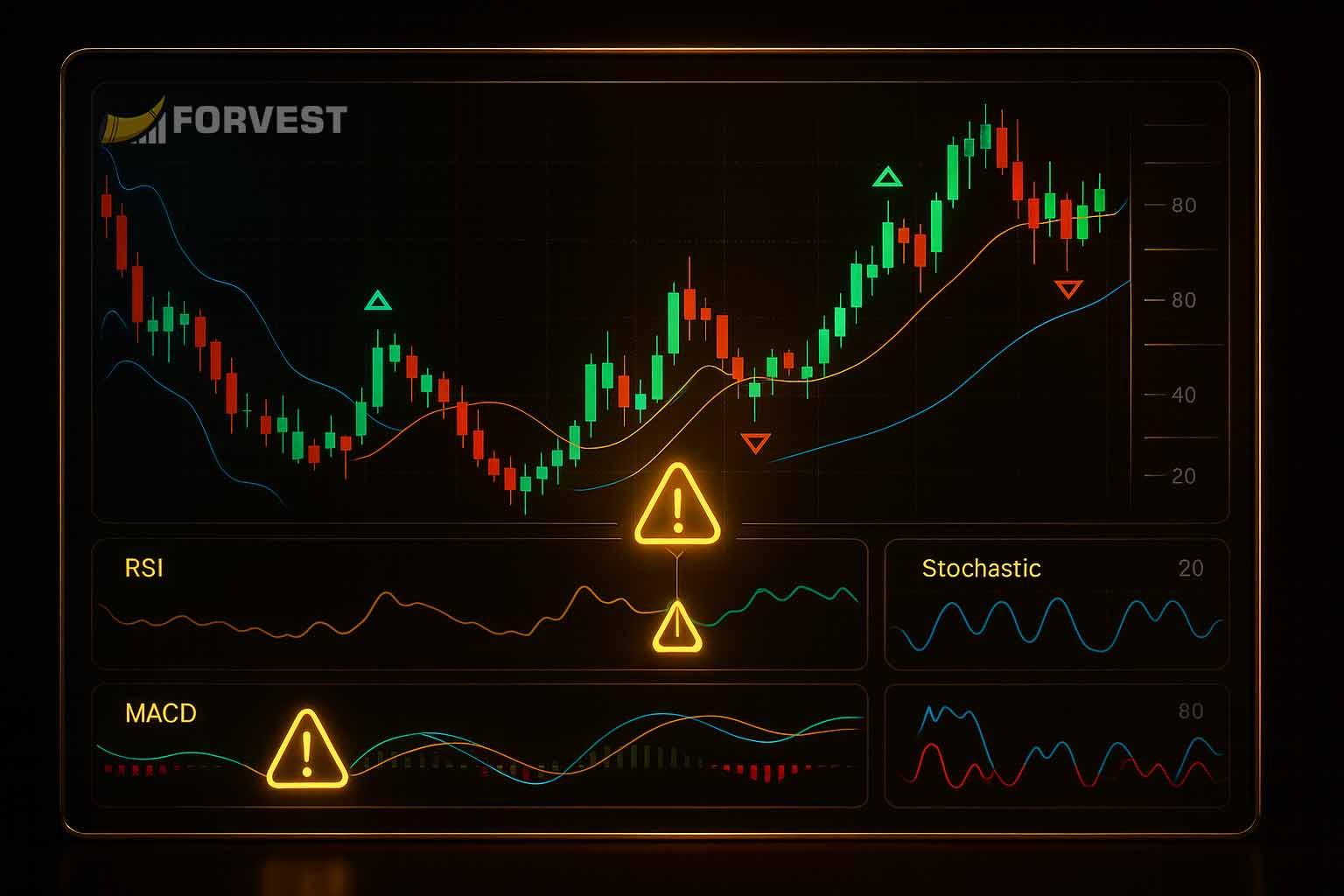 Trading chart with RSI, MACD, and Stochastic alerts
